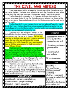Civil War Battles Reading Passages, Questions and Text Marking + Word Search