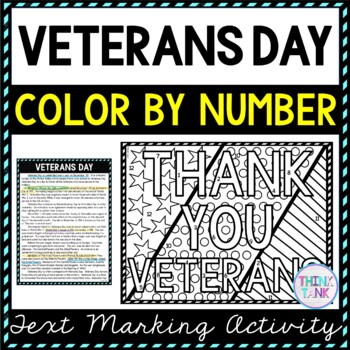 Veteran Day Color by Number, Reading Passage and Text Marking
